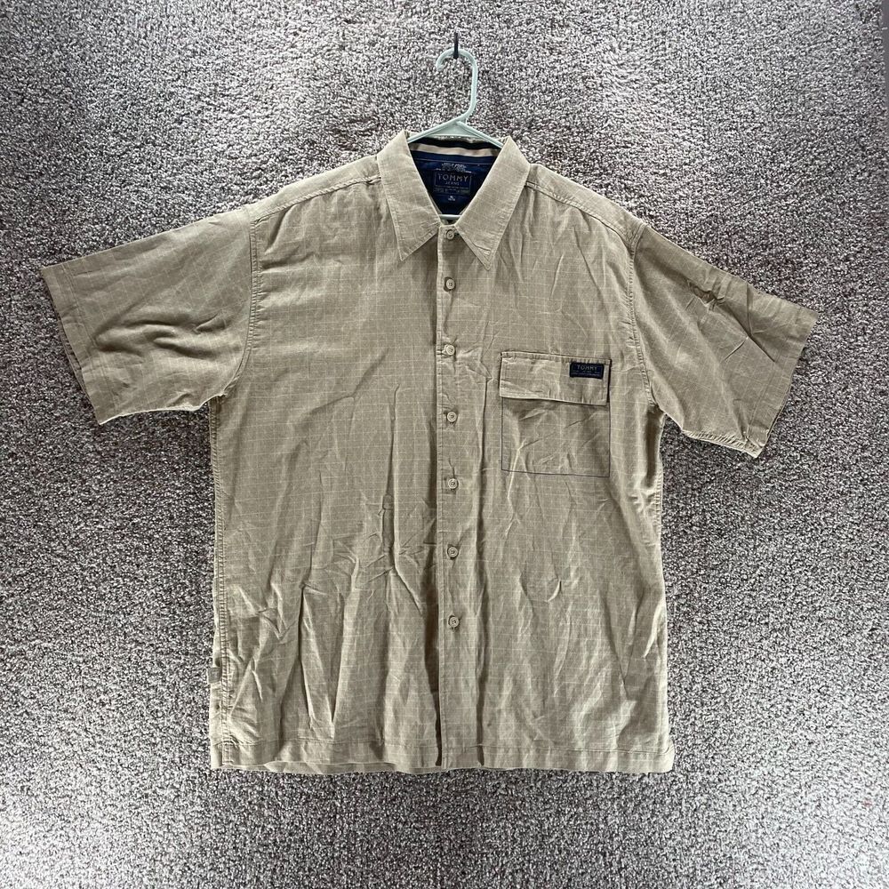 Vintage Tommy Jeans Shirt Adult Extra Large Tan Short Sleeve Button Up 90s Y2K